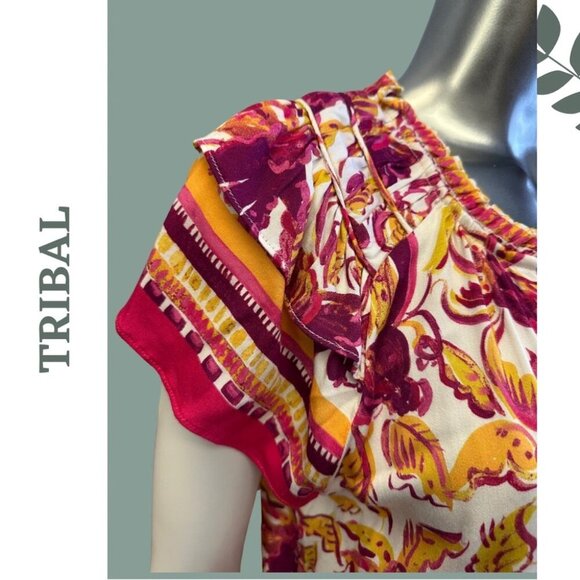 Tribal Border Print Knit Top Ruffle Short Sleeve Pink Yellow White Size XXL - Picture 7 of 9